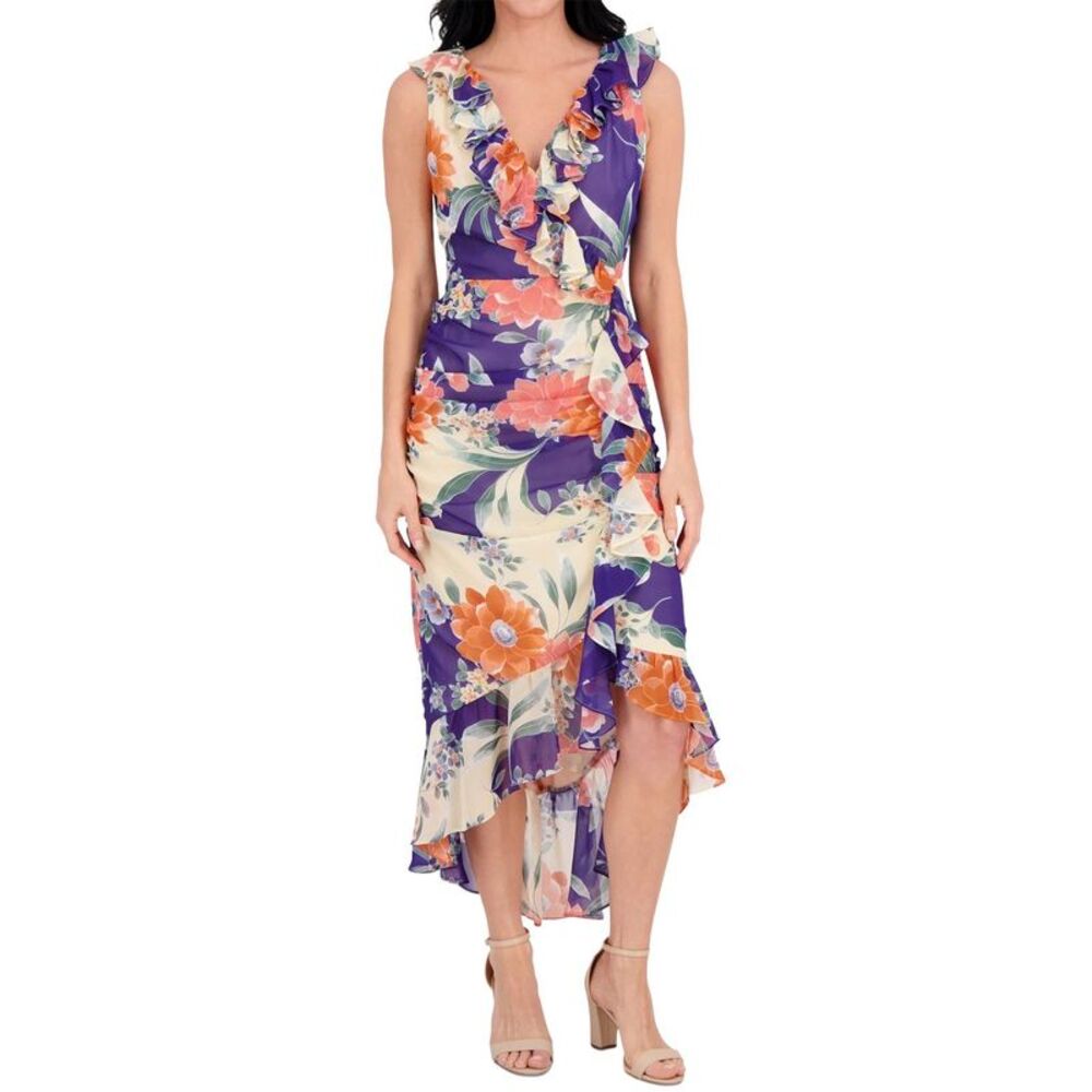 Kensie Womens Printed Ruffled High-Low Maxi Dress 16 Multi - NWT $138